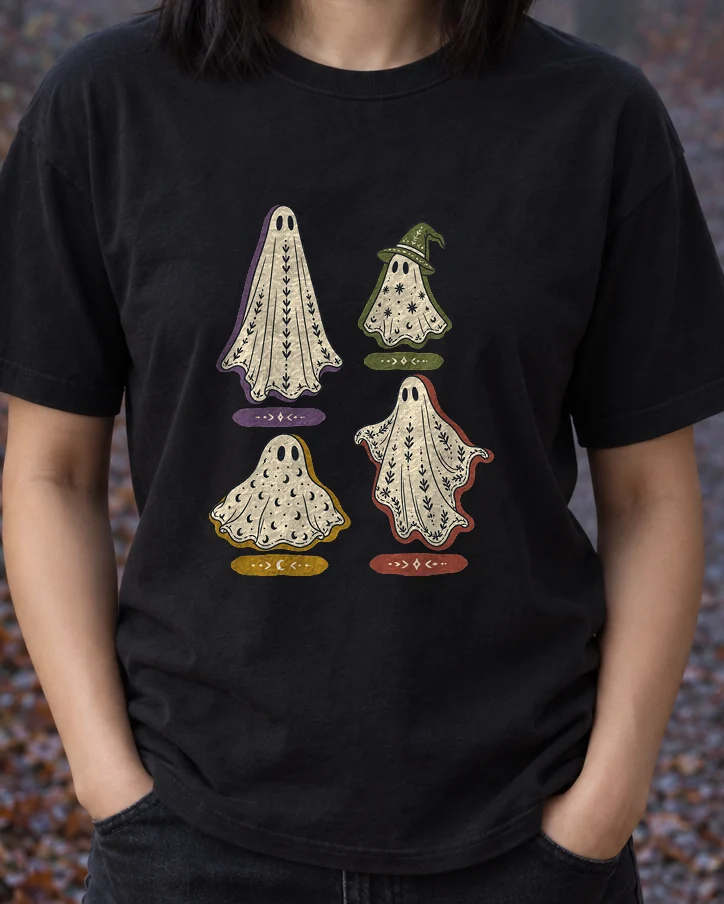 AI-generated image of a fictional model wearing the A Field Guide to Common Ghosts Tee in Black, size M, at 5′3″ tall, cropped to the print.