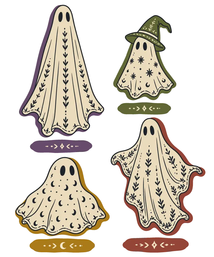 Print artwork: four cream sheet ghosts drawn like a bird-identification plate, each with dark eyes and its own folk pattern: a tall one with leaves, a small one in a green witch's hat with stars, a lumpy one with crescent moons and one with branches. Each sits above a colored label band in purple, green, gold or rust.