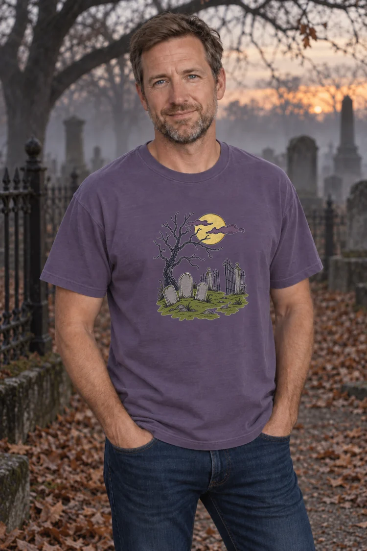 AI-generated image of a fictional model wearing the After Hours Tee in Grape, size XL, at 5′11″ tall.