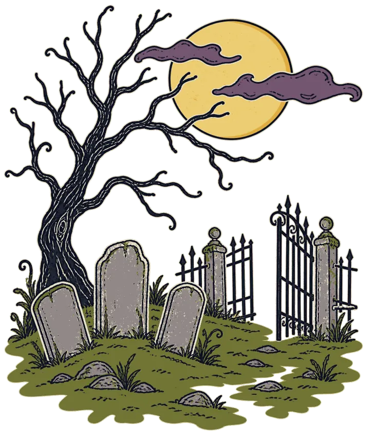 Print artwork: a small hilltop graveyard at night with three blank grey headstones in green grass, a bare twisted tree leaning over them, a wrought iron gate standing half open and two purple clouds drifting across a big yellow full moon.