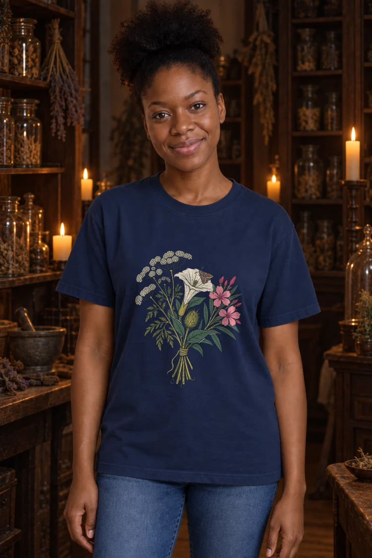 AI-generated image of a fictional model wearing the The Poison Garden Tee in True Navy, size S, at 5′3″ tall.