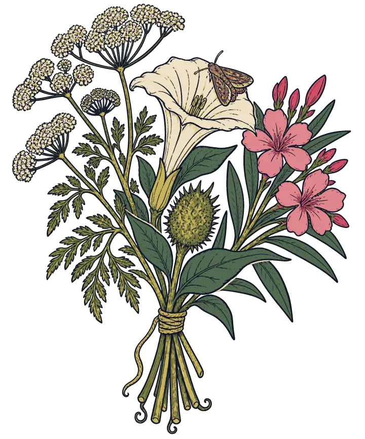 Print artwork: a bundle of three poisonous plants tied with string, drawn like a botanical plate: hemlock with its lacy white flower heads, a white datura trumpet with its spiky green seed pod and pink oleander flowers. A small moth rests on the datura.