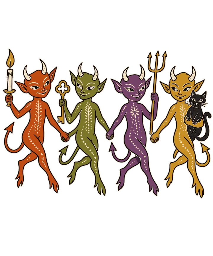 Print artwork: four small imps holding hands in a row, drawn like old paper cutouts, each with little horns, pointed ears, a pointed tail and a line of white dots down its body: a red one holding a candle, a green one holding a key, a purple one holding a pitchfork and a gold one holding a black cat.