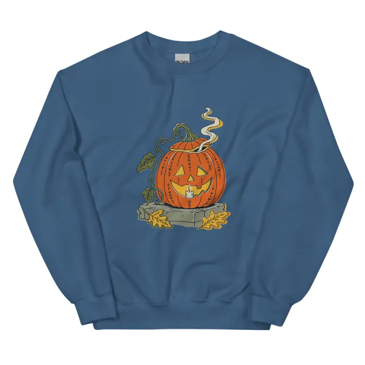 The The Last Pumpkin Crewneck in Indigo Blue.