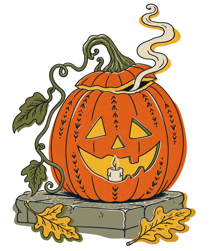 Print artwork: one carved orange jack-o-lantern with a crooked grin and a small candle glowing inside, sitting on a grey stone step. Its lid is tipped and a curl of smoke rises from it, a vine with green leaves trails from the stem and two yellow oak leaves lie on the step.