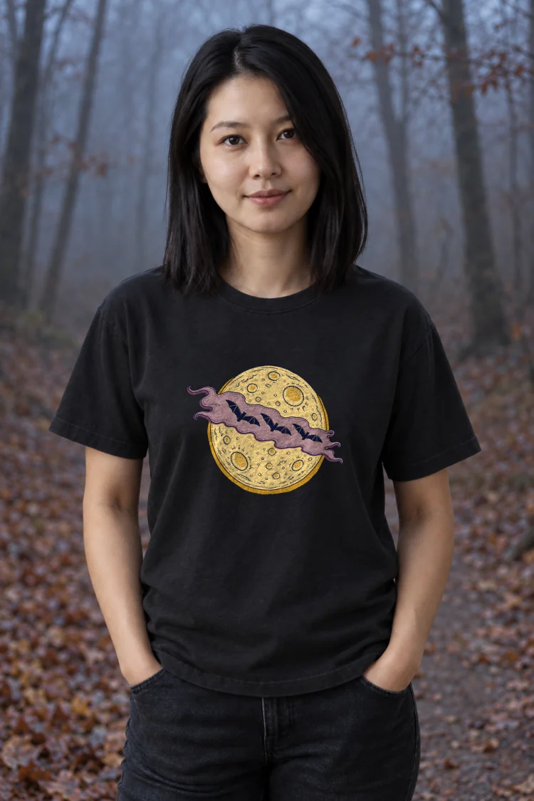 AI-generated image of a fictional model wearing the Cloud Over the Moon Tee in Black, size M, at 5′3″ tall.
