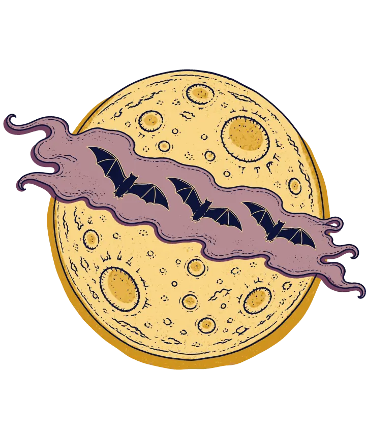 Print artwork: a big pale yellow full moon covered in craters, with a long purple cloud sliding across the middle of it. Three dark navy bats fly in a row through the cloud.