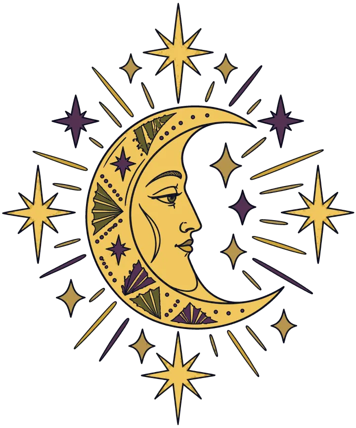 Print artwork: a gold crescent moon with a long calm face in profile, its eyes half closed, decorated with fan and star shapes in purple and green, surrounded by thin gold rays and pointed stars in gold and purple.