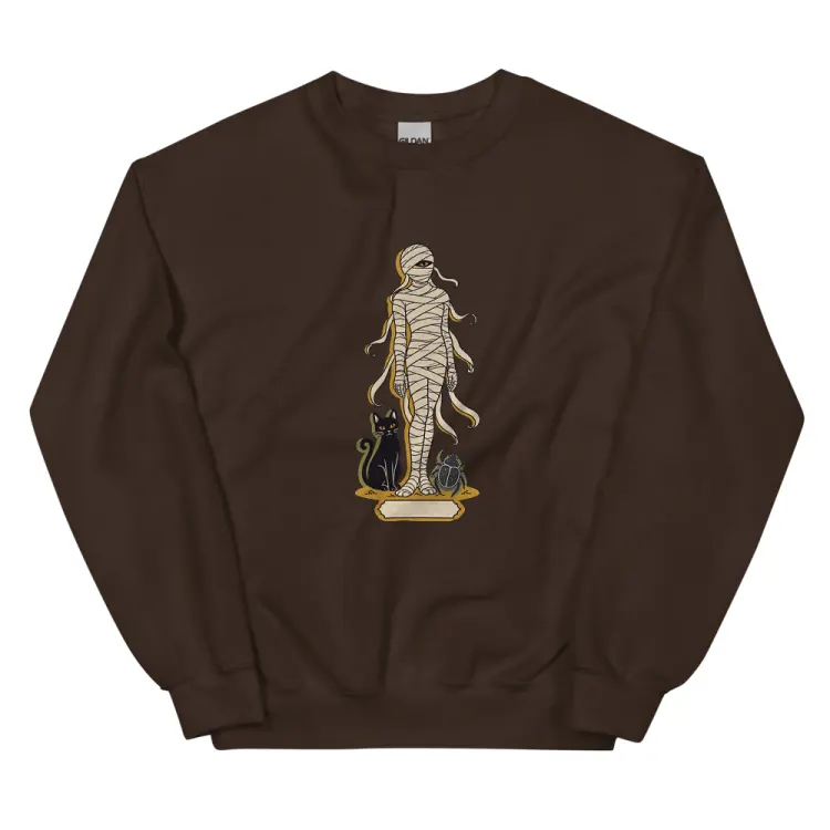 The A Field Guide to Mummies Crewneck in Dark Chocolate.