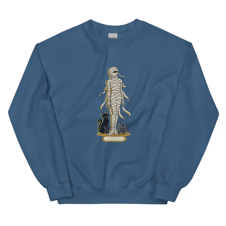 The A Field Guide to Mummies Crewneck in Indigo Blue.