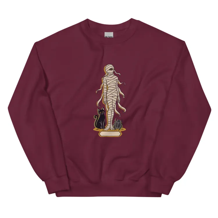 The A Field Guide to Mummies Crewneck in Maroon.