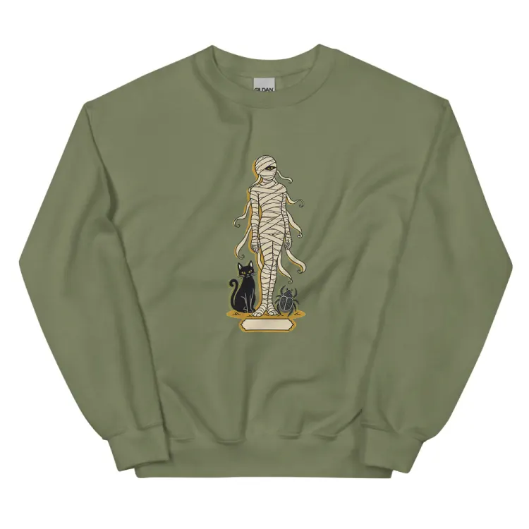 The A Field Guide to Mummies Crewneck in Military Green.