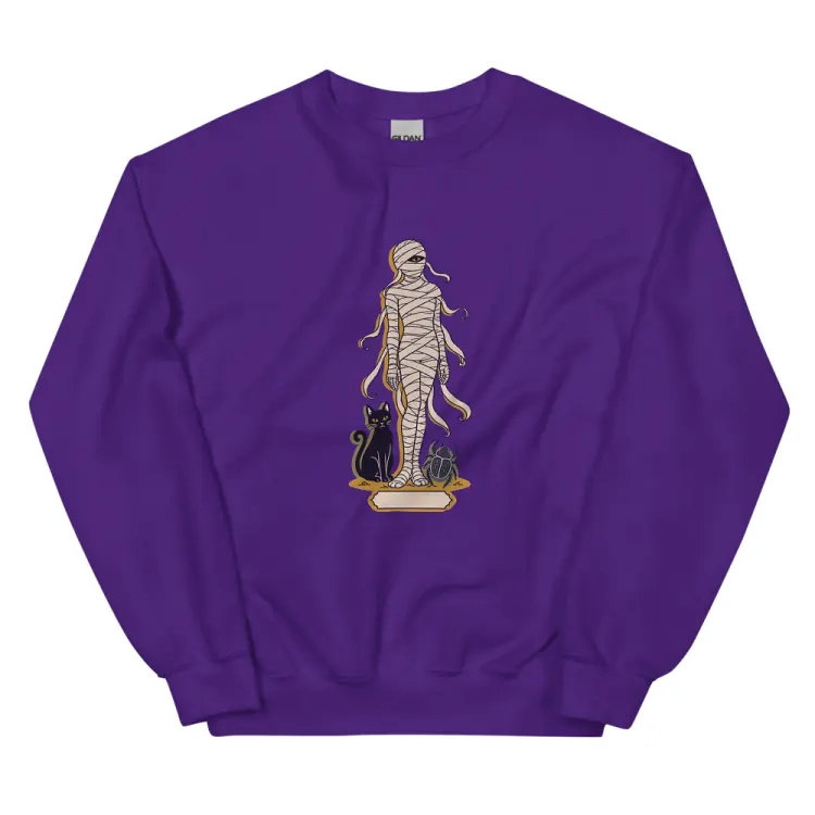 The A Field Guide to Mummies Crewneck in Purple.