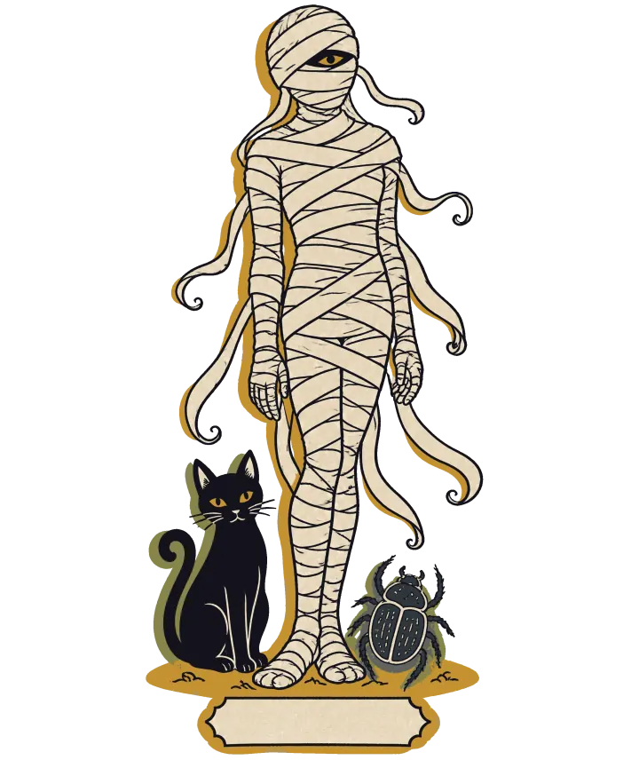 Print artwork: a mummy standing straight like a museum specimen, wrapped in cream bandages with a few loose ends trailing, one gold eye peeking out, a black cat sitting at one foot and a scarab beetle at the other, above a blank label.