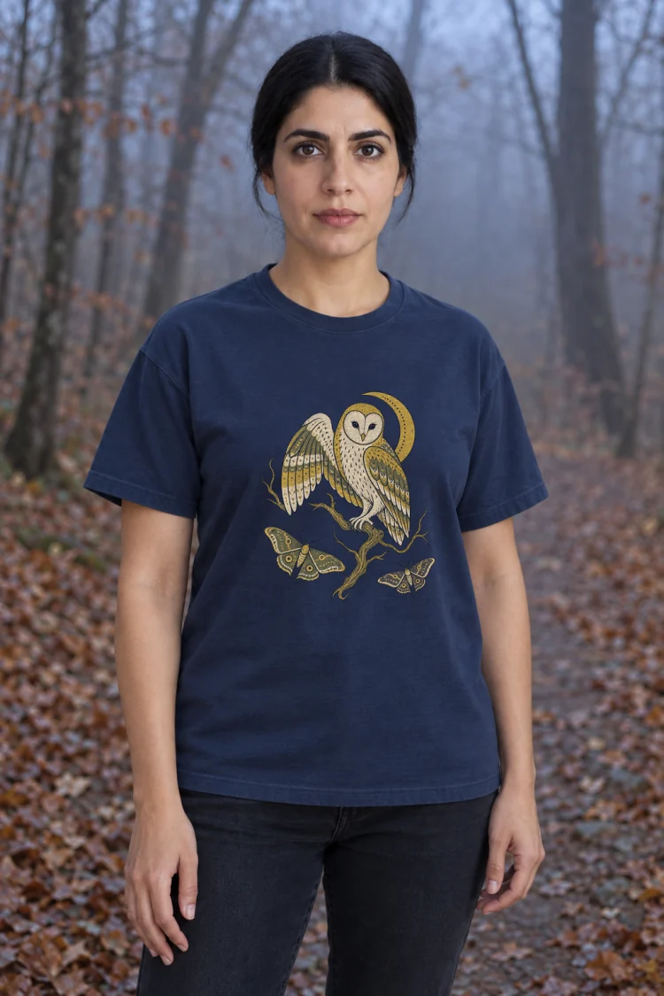 AI-generated image of a fictional model wearing the The Night Watch Tee in True Navy, size M, at 5′7″ tall.