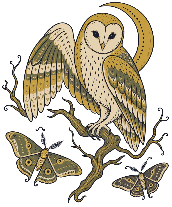 Print artwork: a barn owl perched on a crooked branch at night, its wings half open and its pale heart-shaped face turned forward, gold and sage feathers patterned with small marks, a gold crescent moon behind it and two moths with eyespots flying below.