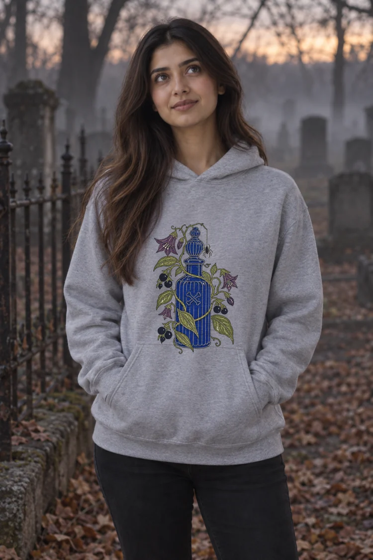 AI-generated image of a fictional model wearing the Handle With Care Hoodie in Sport Grey, size S, at 5′3″ tall.