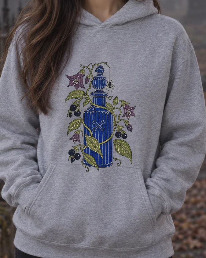 AI-generated image of a fictional model wearing the Handle With Care Hoodie in Sport Grey, size S, at 5′3″ tall, cropped to the print.