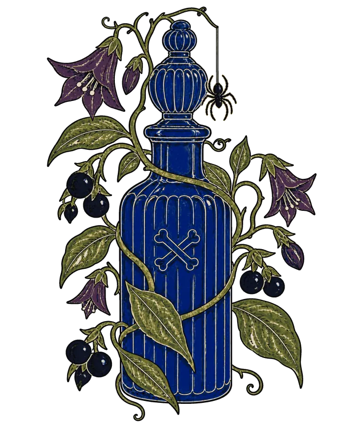 Print artwork: one ribbed cobalt blue glass poison bottle with a tall stopper and crossbones pressed into its side, a vine of deadly nightshade with purple bell flowers and black berries curling around it, and a small spider hanging from the stopper by a thread.
