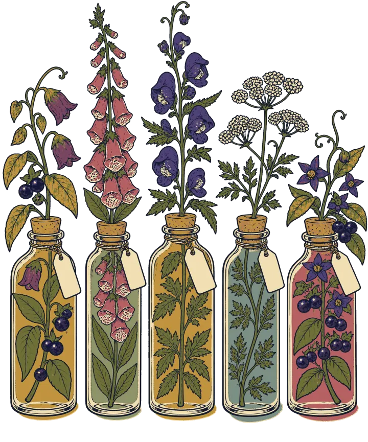 Print artwork: five corked glass apothecary bottles in a row, each tinted a different color and holding one poisonous plant: belladonna with black berries, pink foxglove, purple wolfsbane, white-flowered hemlock and nightshade with purple flowers and berries. Each bottle has a blank paper tag tied on with string.
