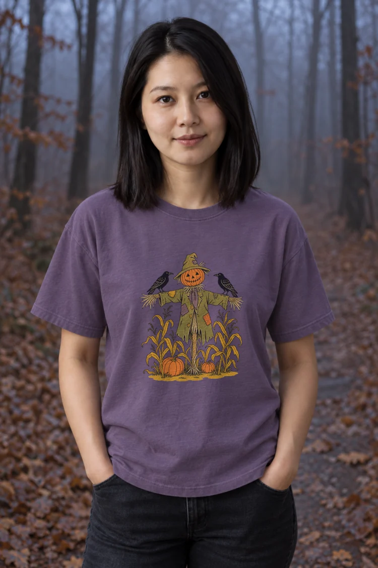 AI-generated image of a fictional model wearing the The Scarecrow Tee in Grape, size M, at 5′3″ tall.