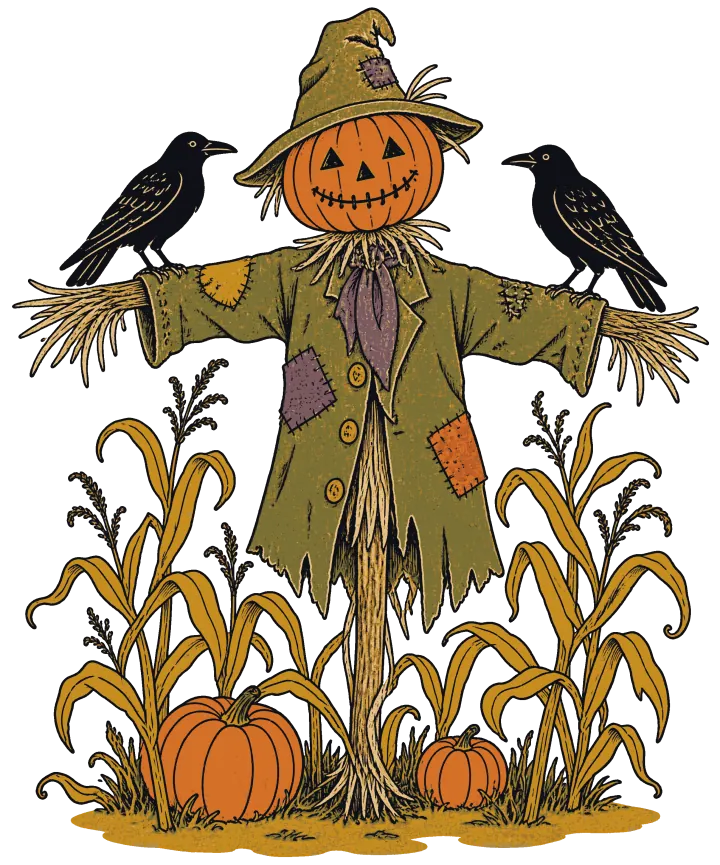 Print artwork: a scarecrow in a cornfield with a carved pumpkin head, a stitched grin and a patched green hat. He wears a ragged green coat with purple and orange patches and a purple scarf, straw sticks out of his sleeves, two black crows sit on his arms and two orange pumpkins sit in the corn at his feet.