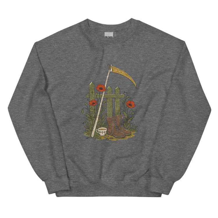 The The Reaper's Day Off Crewneck in Graphite Heather.