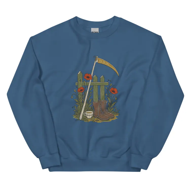 The The Reaper's Day Off Crewneck in Indigo Blue.
