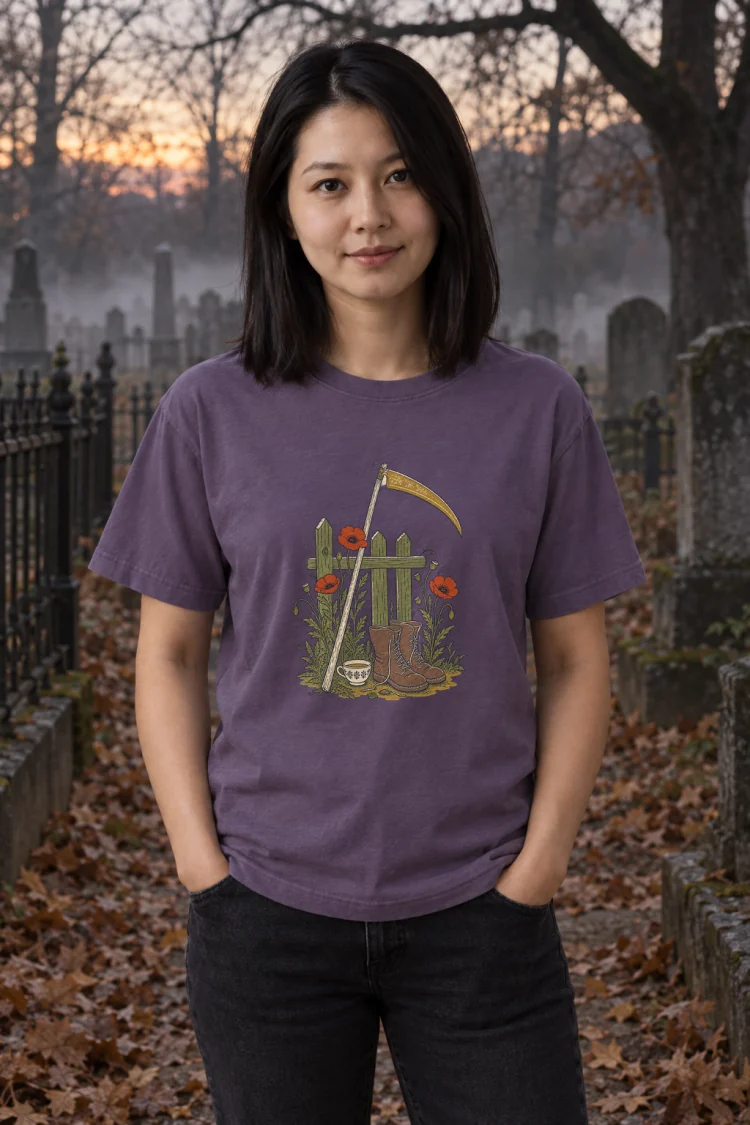 AI-generated image of a fictional model wearing the The Reaper's Day Off Tee in Grape, size M, at 5′3″ tall.