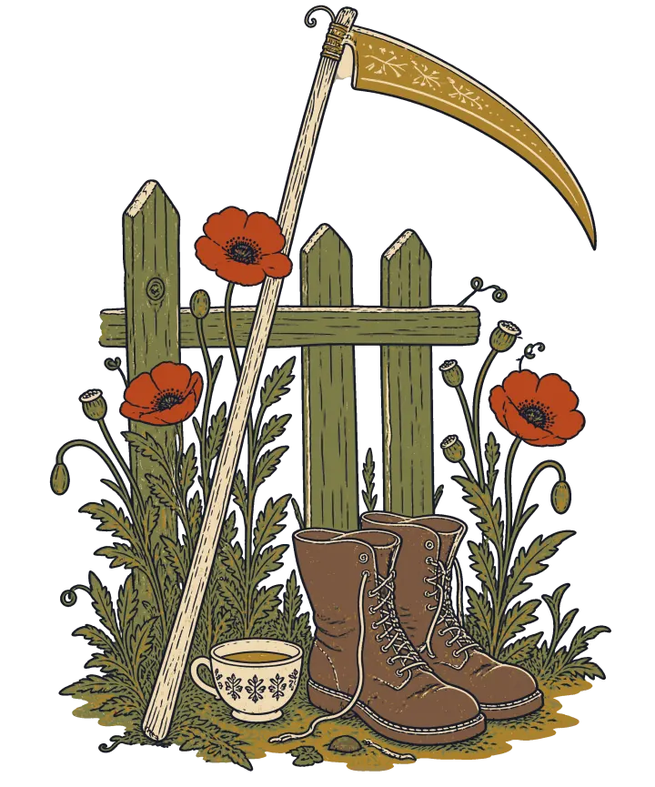Print artwork: a long scythe leaning against a green wooden garden fence, with a pair of worn brown lace-up boots standing beside it and a cup of tea in a patterned white teacup on the ground. Red poppies and green weeds grow at the foot of the fence.