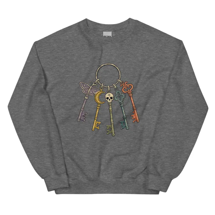 The Skeleton Keys Crewneck in Graphite Heather.