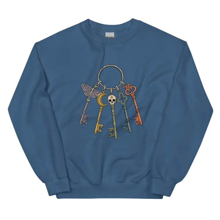 The Skeleton Keys Crewneck in Indigo Blue.