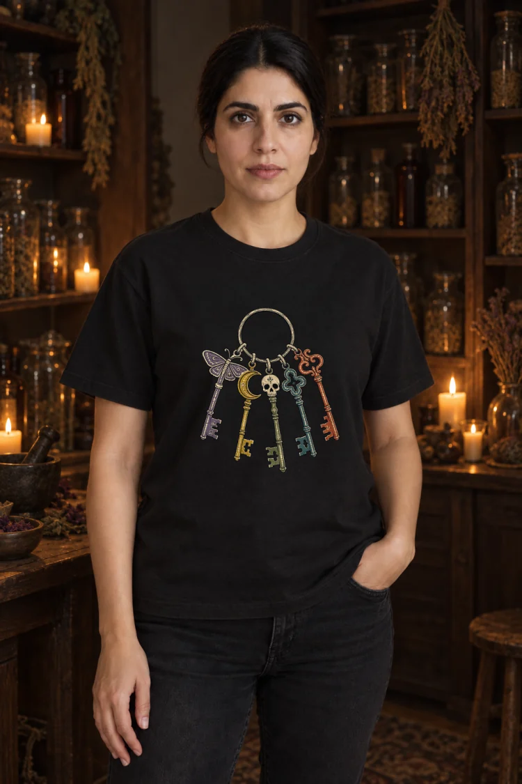 AI-generated image of a fictional model wearing the Skeleton Keys Tee in Black, size M, at 5′7″ tall.