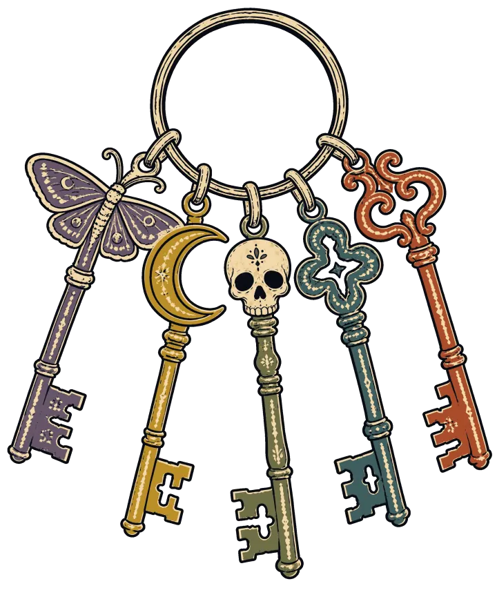 Print artwork: five old skeleton keys hanging from one cream iron ring, each a different color and shape: a lavender key with a moth for its handle, a gold key shaped like a crescent moon, a green key topped with a small skull, a teal key with a clover-shaped handle and a rust red key with a scrolled handle.