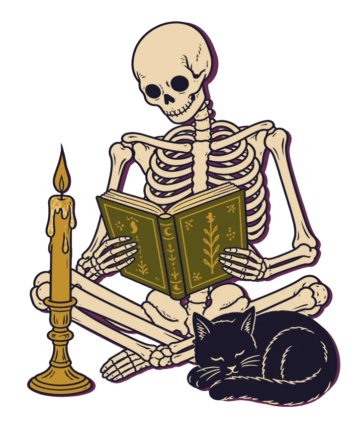Print artwork: a friendly cream skeleton sitting cross-legged, reading a green book with gold patterns on its cover by the light of a single candle in a gold holder. A black cat is curled up asleep against its knee.