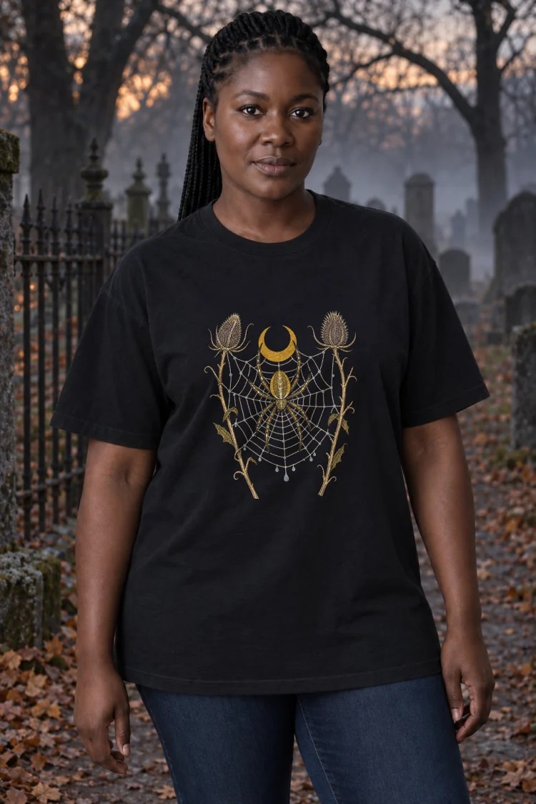 AI-generated image of a fictional model wearing the Orb Weaver Tee in Black, size XL, at 5′9″ tall.