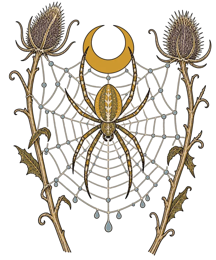 Print artwork: a spider web strung between two dry thistle stems, its threads beaded with pale blue dewdrops. A garden spider with a gold patterned body sits in the middle, under a gold crescent moon.