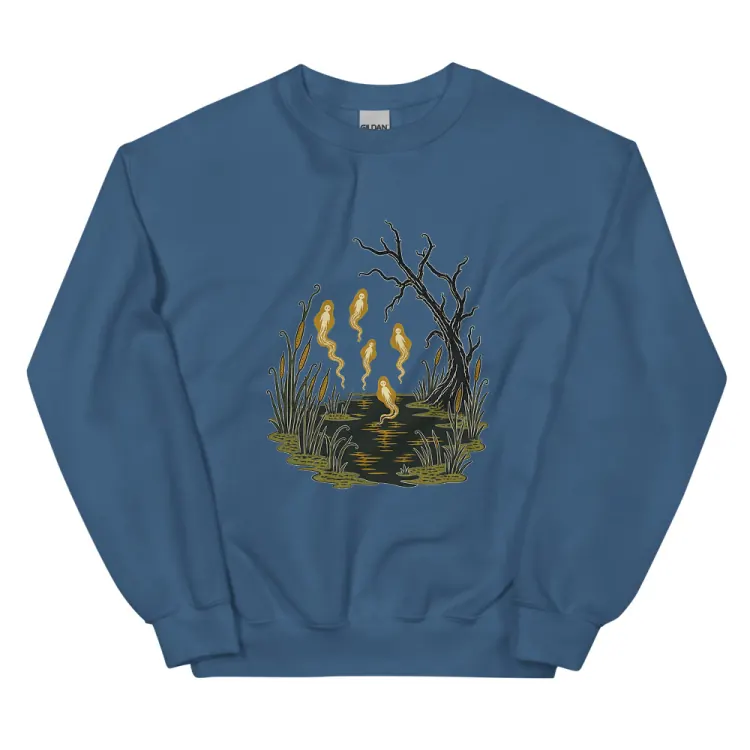 The Will-o'-the-Wisps Crewneck in Indigo Blue.