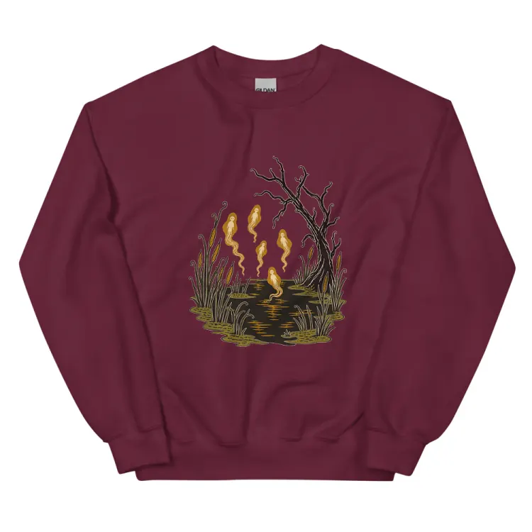 The Will-o'-the-Wisps Crewneck in Maroon.