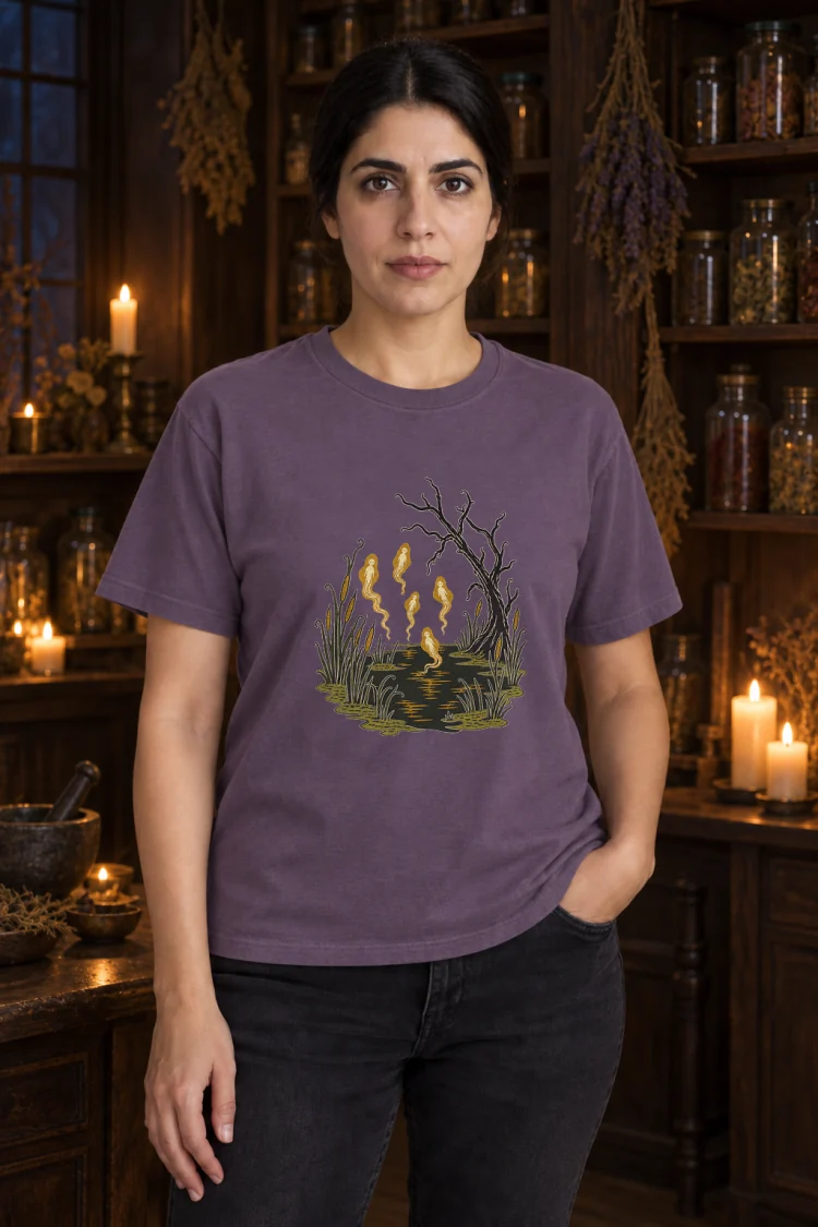 AI-generated image of a fictional model wearing the Will-o'-the-Wisps Tee in Grape, size M, at 5′7″ tall.
