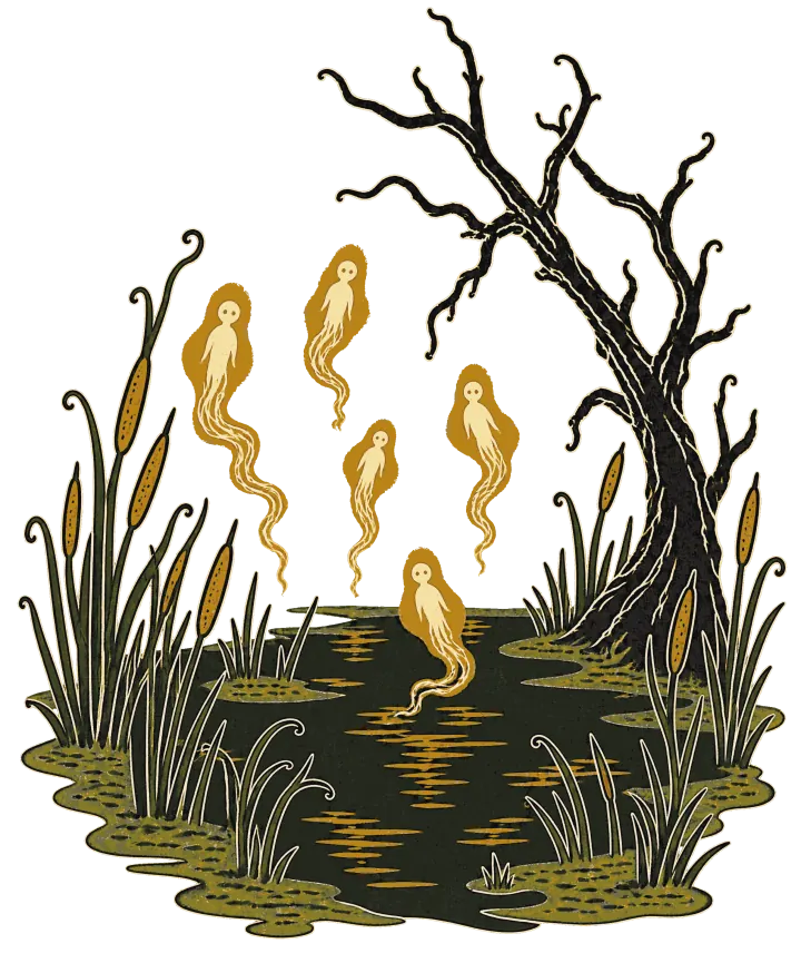 Print artwork: a dark marsh at night with cattails and tall reeds along the water and a crooked dead tree, and five small glowing sprites drifting over the water like little lanterns, each a pale figure with a trailing wisp.
