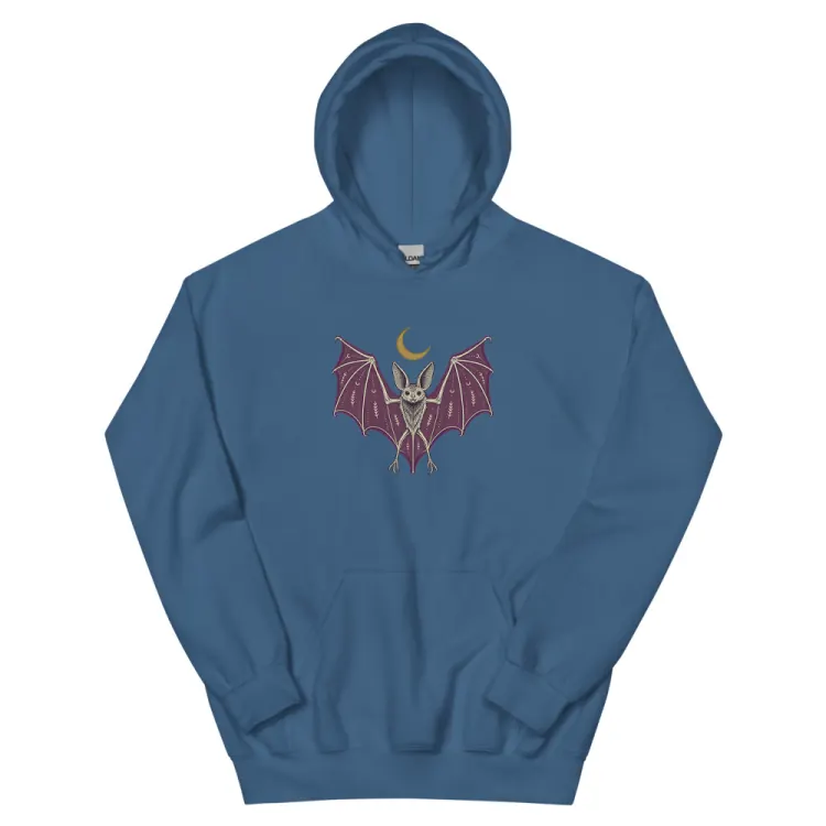 The A Field Guide to Bats Hoodie in Indigo Blue.