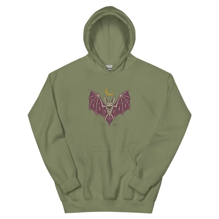 The A Field Guide to Bats Hoodie in Military Green.