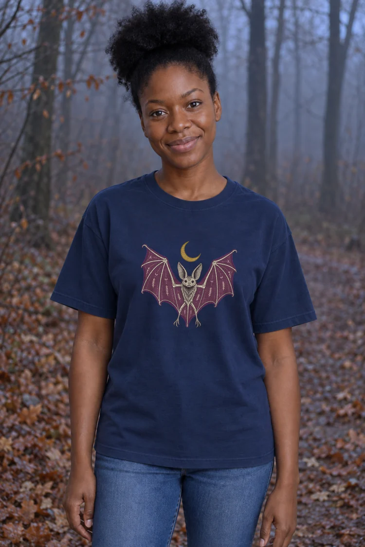 AI-generated image of a fictional model wearing the A Field Guide to Bats Tee in True Navy, size S, at 5′3″ tall.