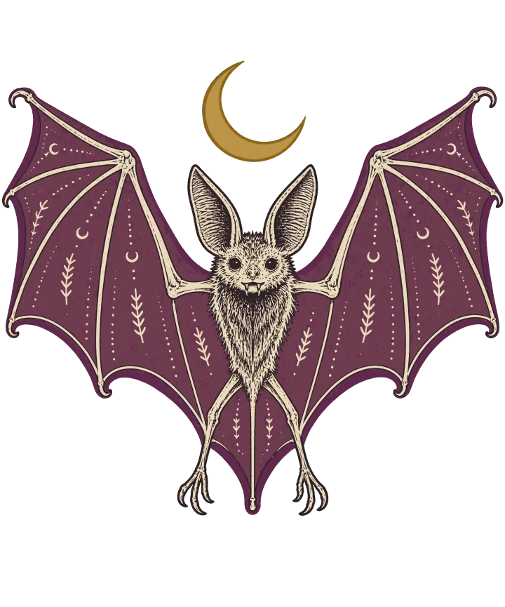 Print artwork: a vampire bat drawn like a pinned museum specimen, wings spread wide and even in plum purple with every finger bone drawn in cream, small crescent moon and leaf patterns on the wings, big ears, a furry face with two tiny fangs, and a gold crescent moon above.