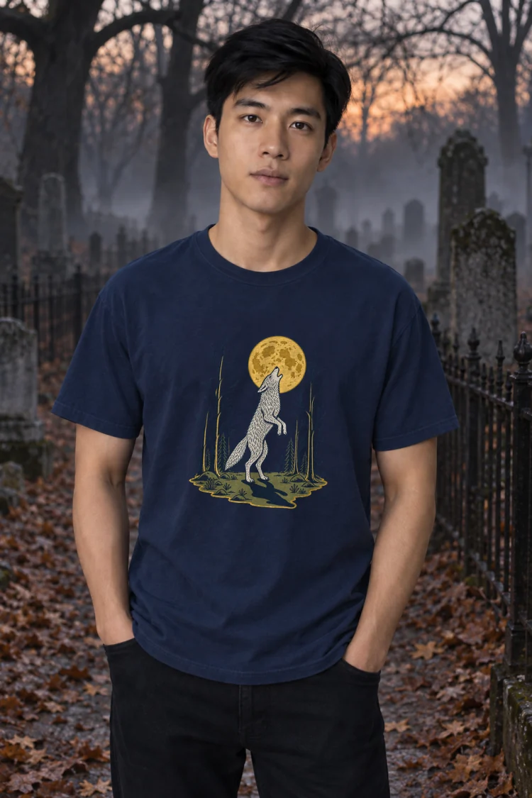 AI-generated image of a fictional model wearing the Full Moon Protocol Tee in True Navy, size M, at 5′9″ tall.