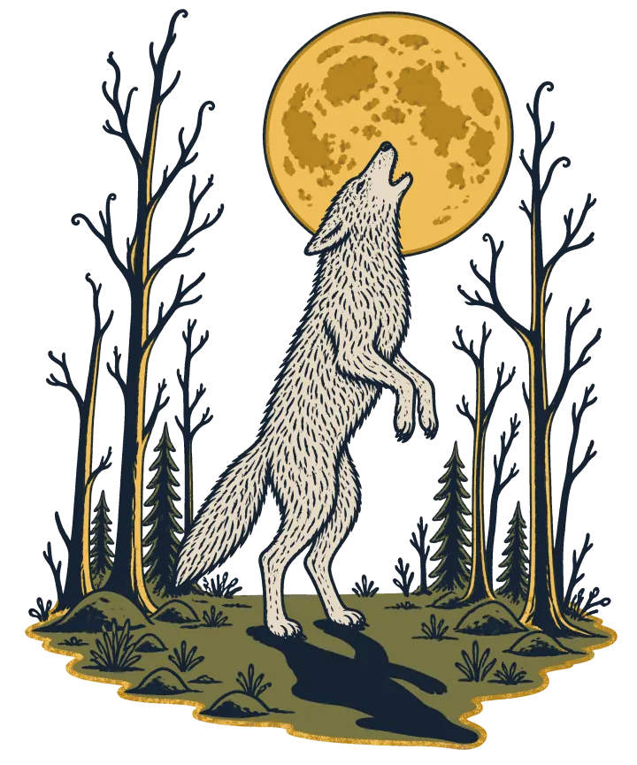 Print artwork: a pale grey wolf standing up on its hind legs in a dark forest clearing, howling at a huge yellow full moon, with thin dark trees edged in gold on both sides. Its shadow falls across the green grass behind it.