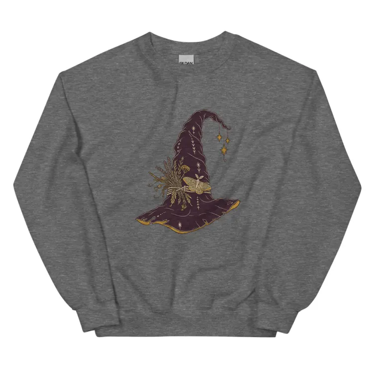 The Hat, Pointed, Witch's Crewneck in Graphite Heather.