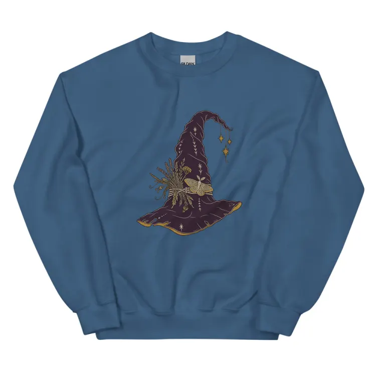 The Hat, Pointed, Witch's Crewneck in Indigo Blue.