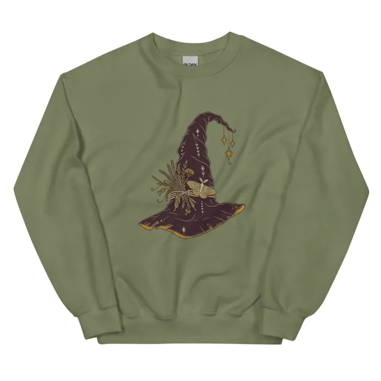 The Hat, Pointed, Witch's Crewneck in Military Green.